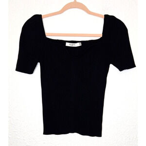 By Clara Paris Womens Top Medium Black Ribbed Knit Stretch Short Sleeve Shirt